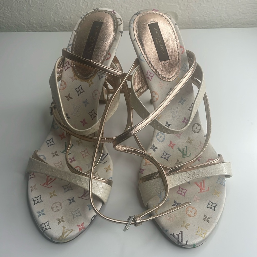 Authentic Vintage Louis Vuitton Multicolor Monogram Strappy Metallic kitten Heel